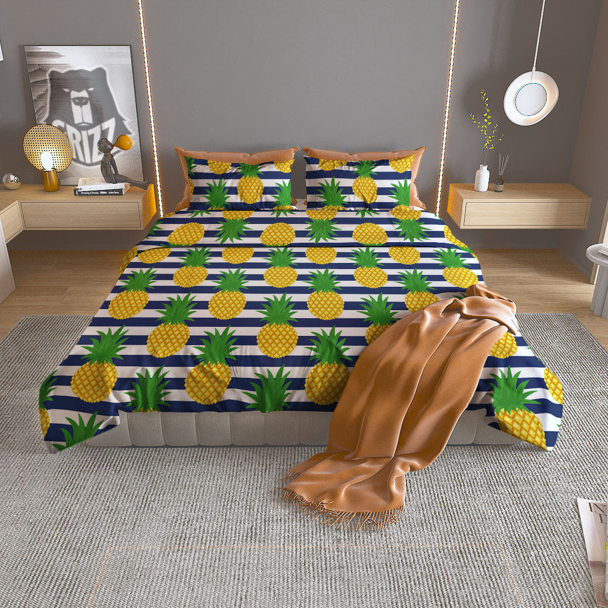 Striped Pineapple Print Pattern Duvet Cover Bedding Set-grizzshop