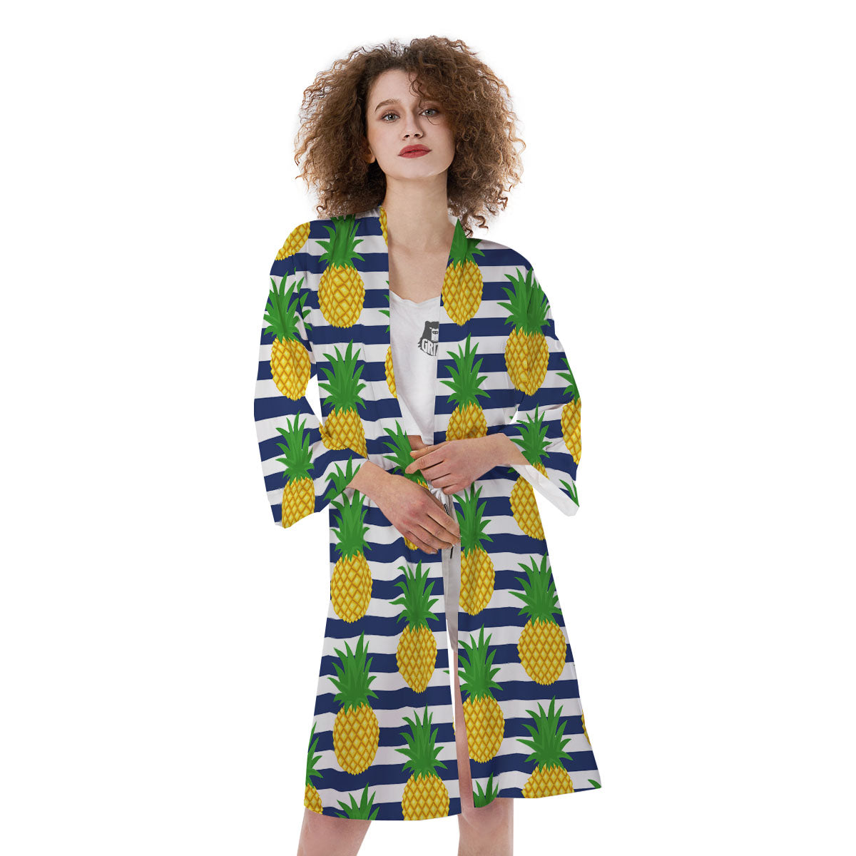 Striped Pineapple Print Pattern Kimono-grizzshop