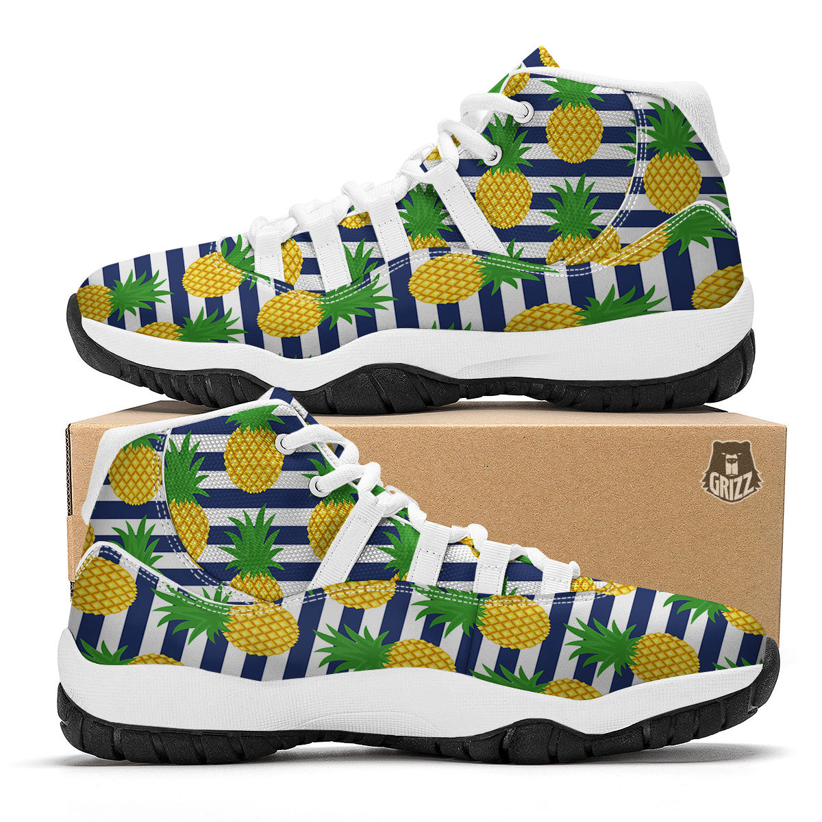 Striped Pineapple Print Pattern White Bball Shoes-grizzshop