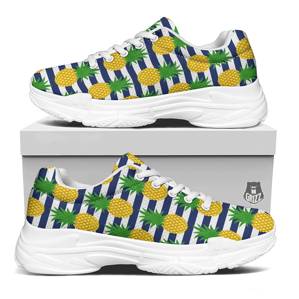 Striped Pineapple Print Pattern White Chunky Shoes-grizzshop