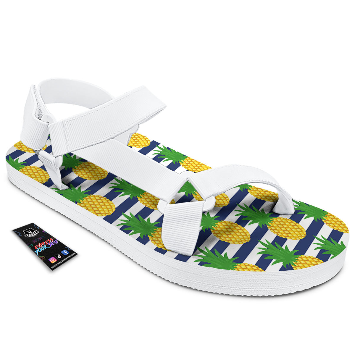 Striped Pineapple Print Pattern White Open Toe Sandals-grizzshop