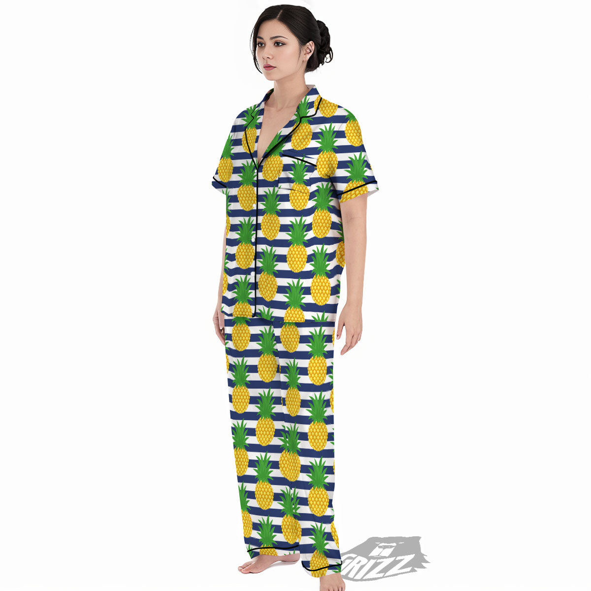 Striped Pineapple Print Pattern Women's Pajamas Set-grizzshop