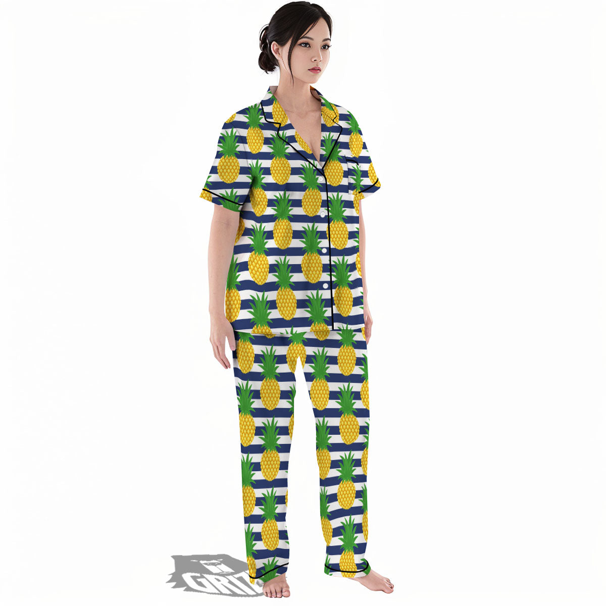 Striped Pineapple Print Pattern Women's Pajamas Set-grizzshop