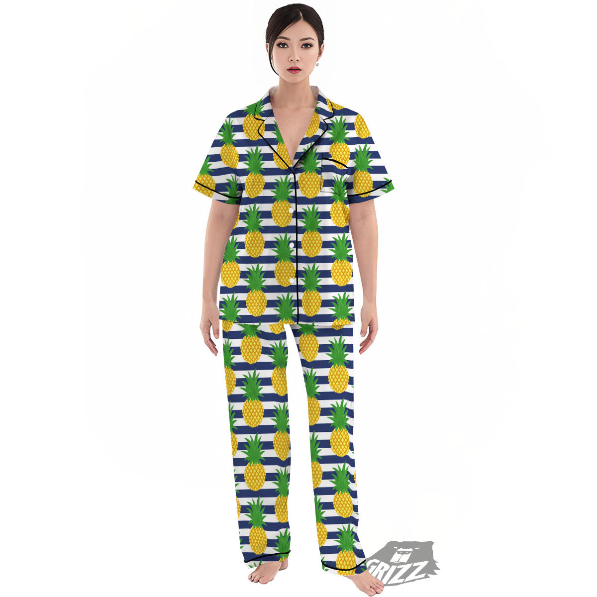 Striped Pineapple Print Pattern Women's Pajamas Set-grizzshop