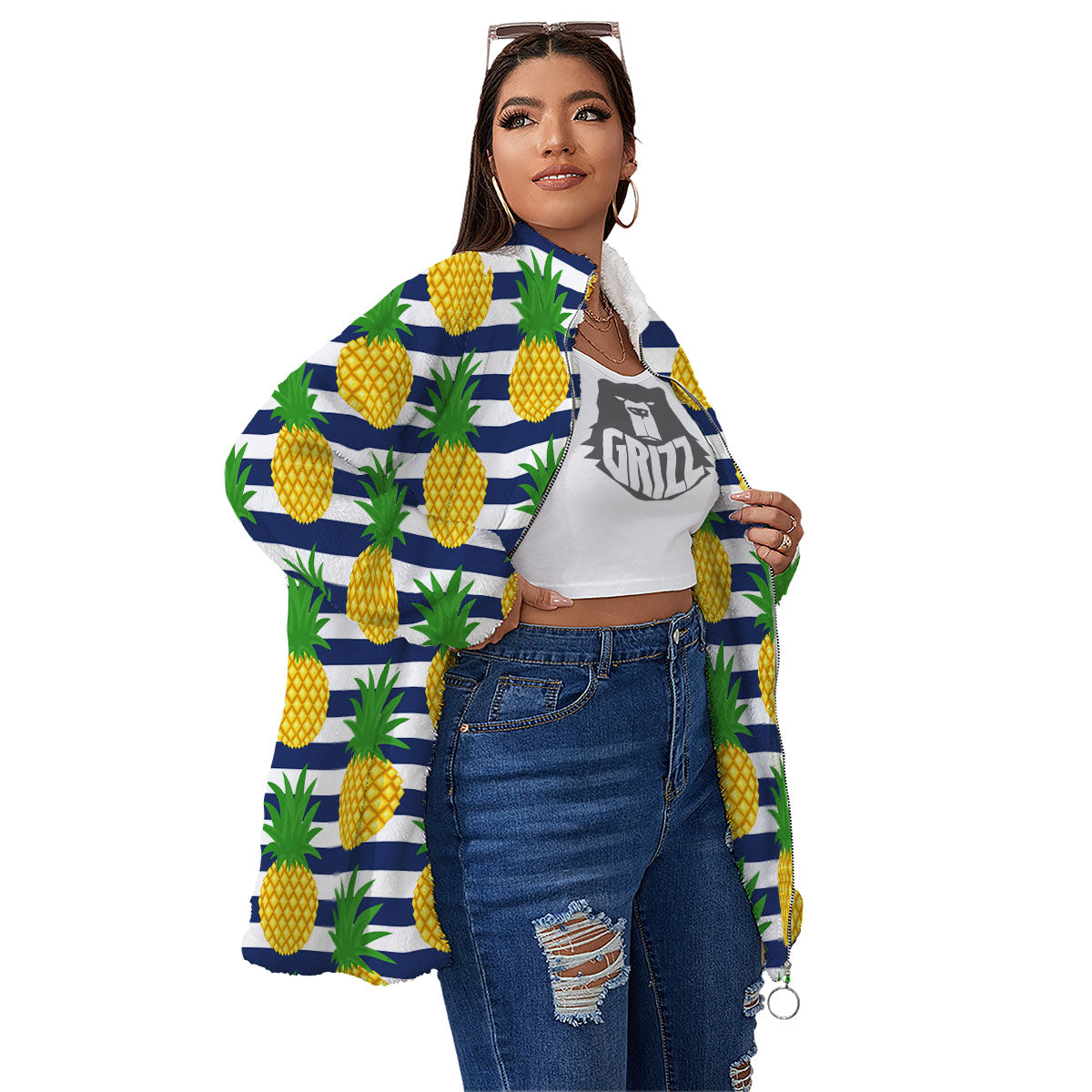 Striped Pineapple Print Pattern Women's Sherpa Jacket-grizzshop