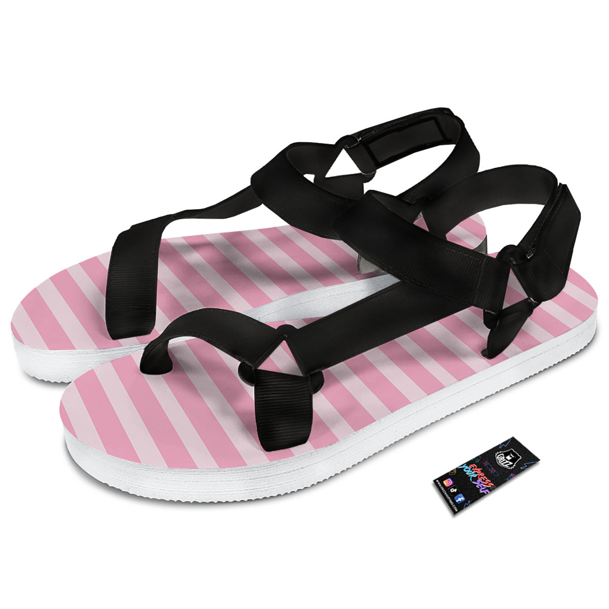 Striped Pink Print Pattern Black Open Toe Sandals-grizzshop