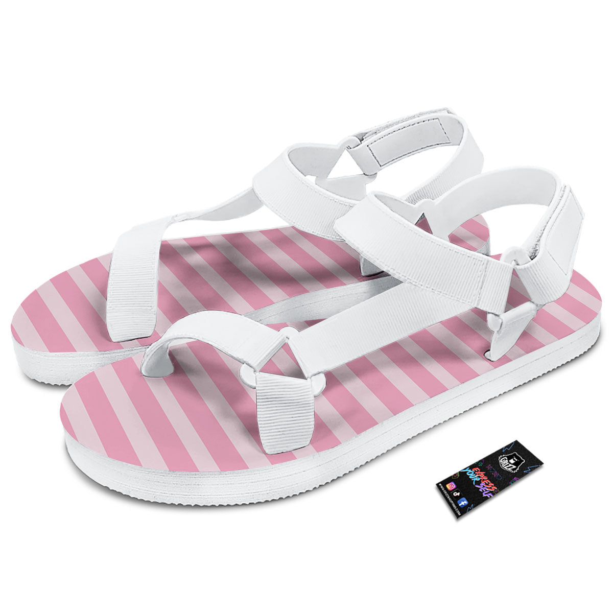 Striped Pink Print Pattern White Open Toe Sandals-grizzshop