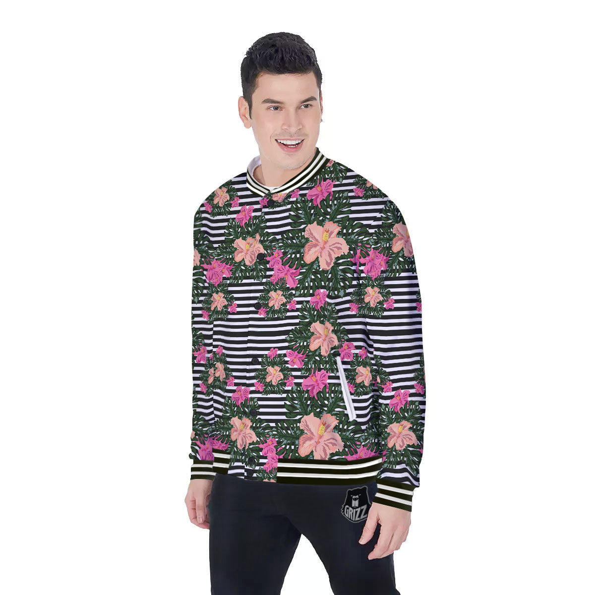 Striped Plumeria Flower Print Pattern Baseball Jacket-grizzshop
