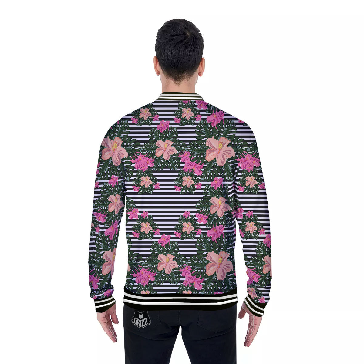 Striped Plumeria Flower Print Pattern Baseball Jacket-grizzshop