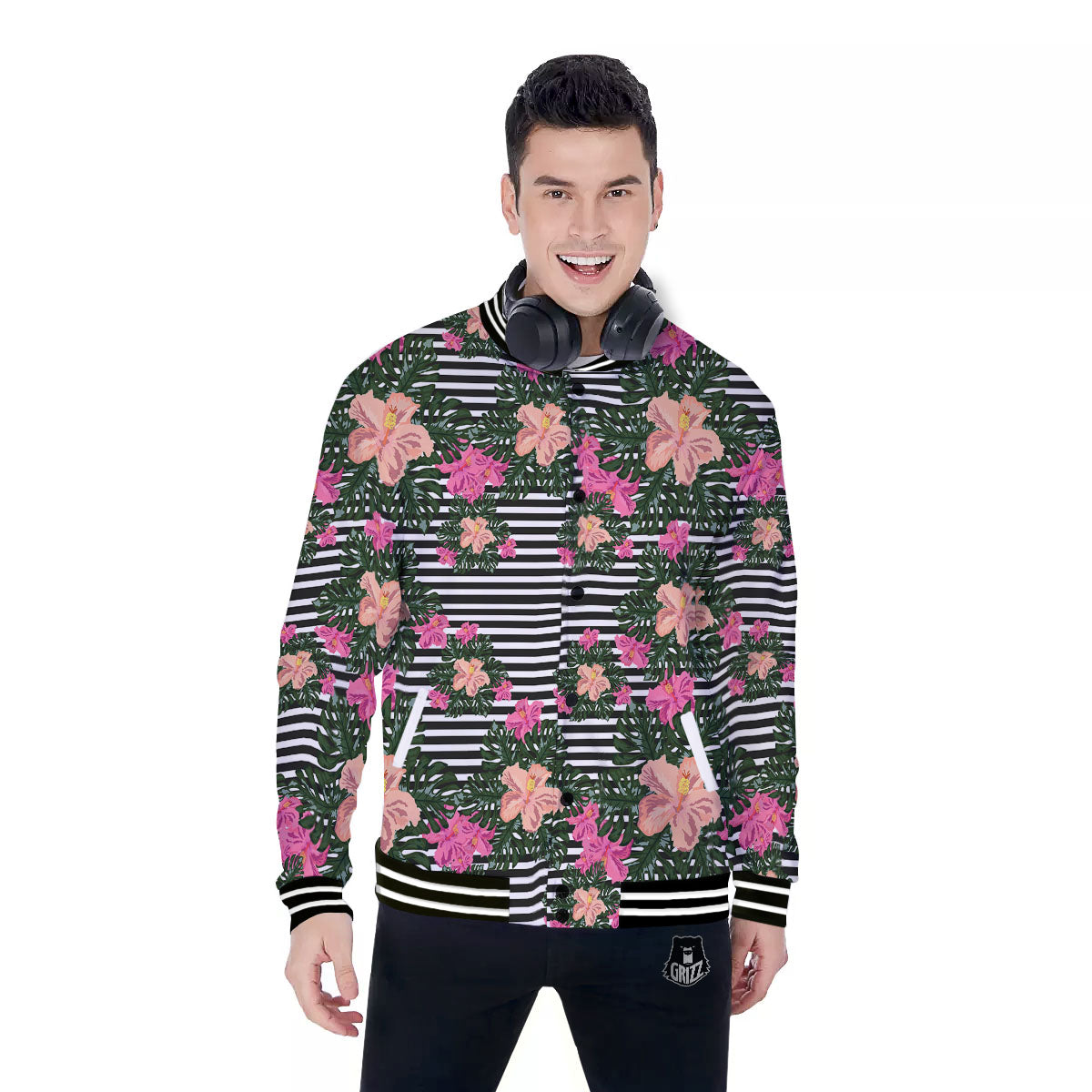 Striped Plumeria Flower Print Pattern Baseball Jacket-grizzshop
