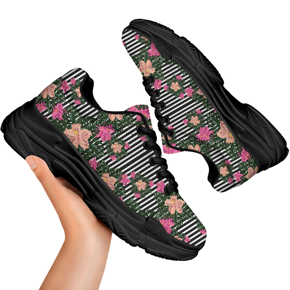 Striped Plumeria Flower Print Pattern Black Chunky Shoes-grizzshop