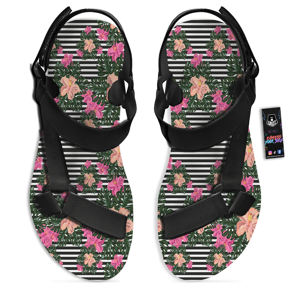 Striped Plumeria Flower Print Pattern Black Open Toe Sandals-grizzshop