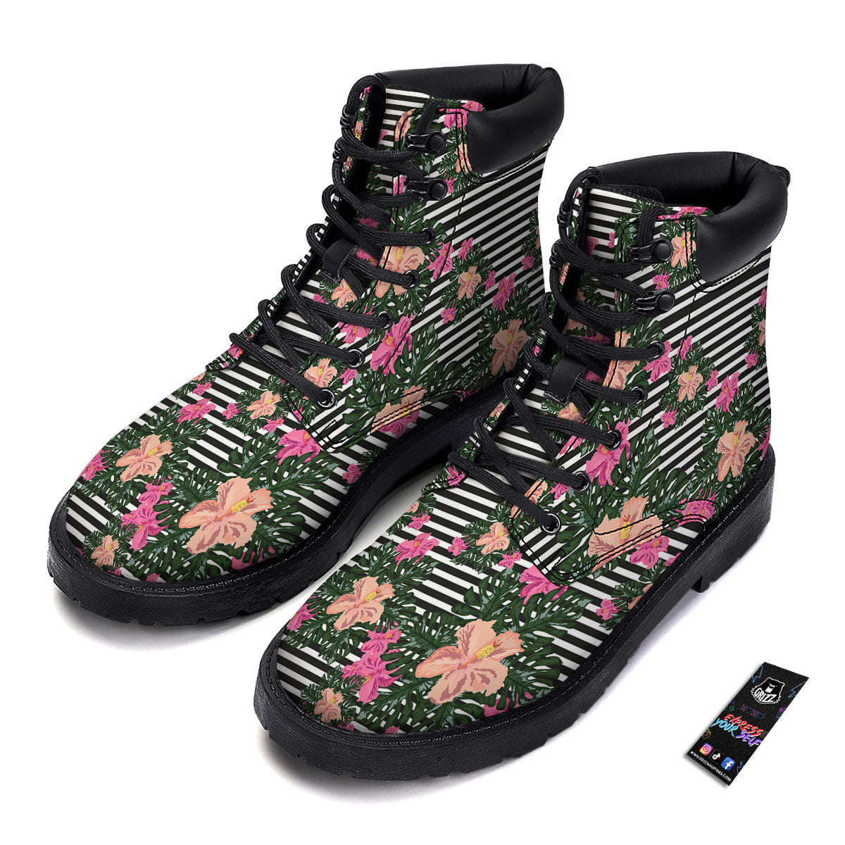 Striped Plumeria Flower Print Pattern Boots-grizzshop