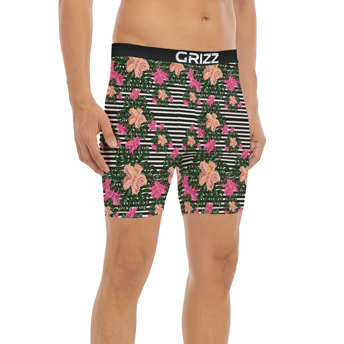 Striped Plumeria Flower Print Pattern Boxer Briefs-grizzshop