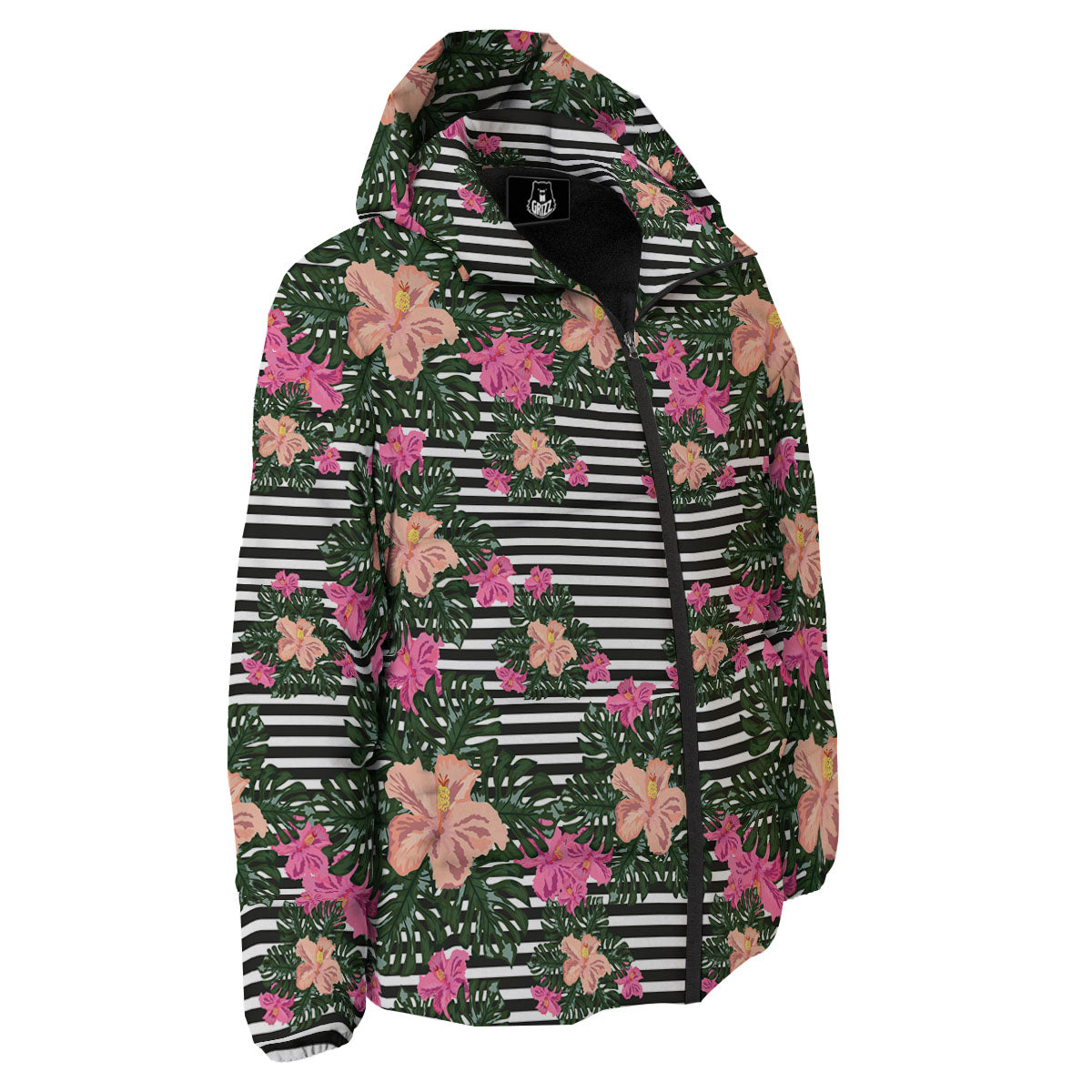 Striped Plumeria Flower Print Pattern Down Jacket-grizzshop