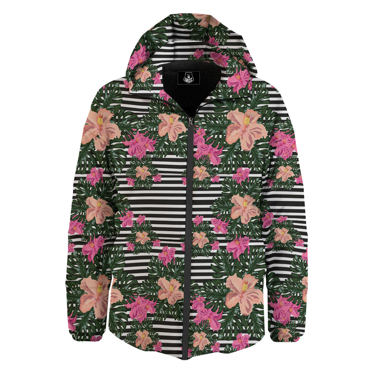 Striped Plumeria Flower Print Pattern Down Jacket-grizzshop