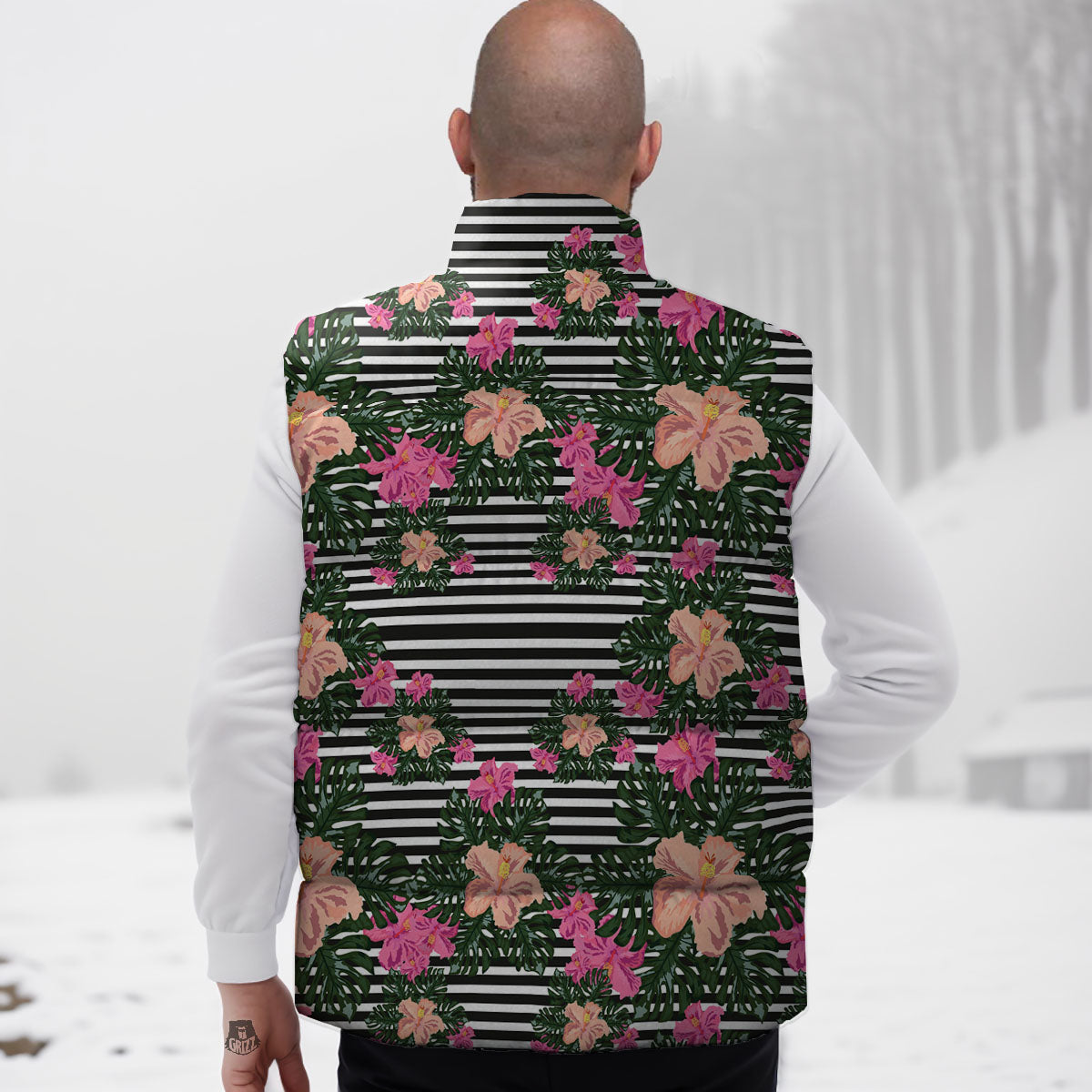 Striped Plumeria Flower Print Pattern Down Vest-grizzshop