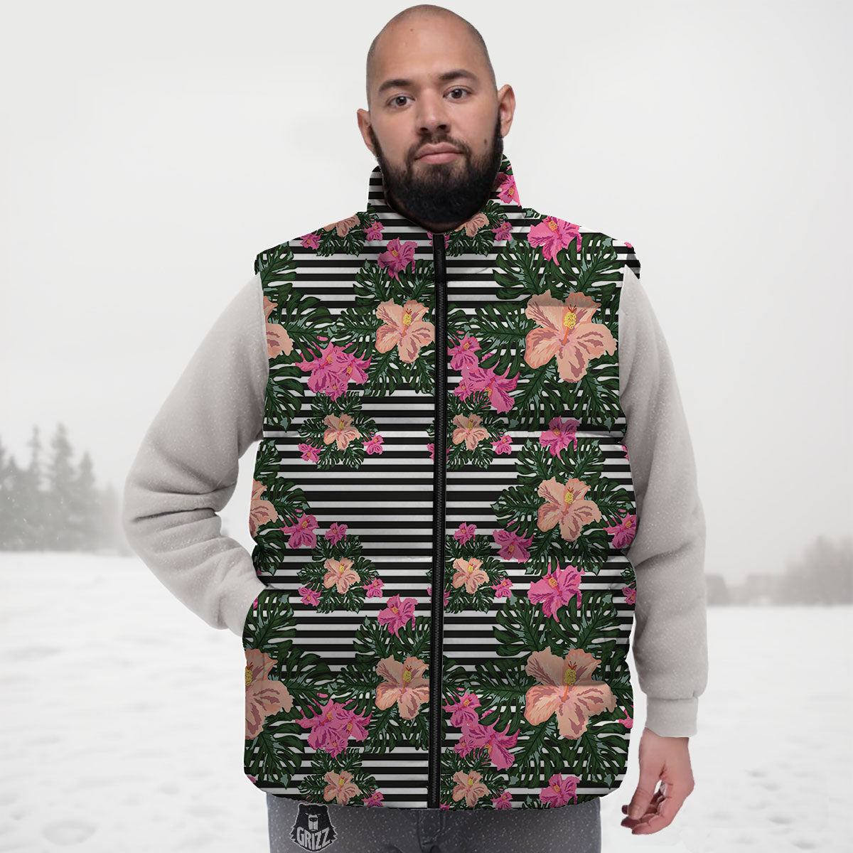 Striped Plumeria Flower Print Pattern Down Vest-grizzshop