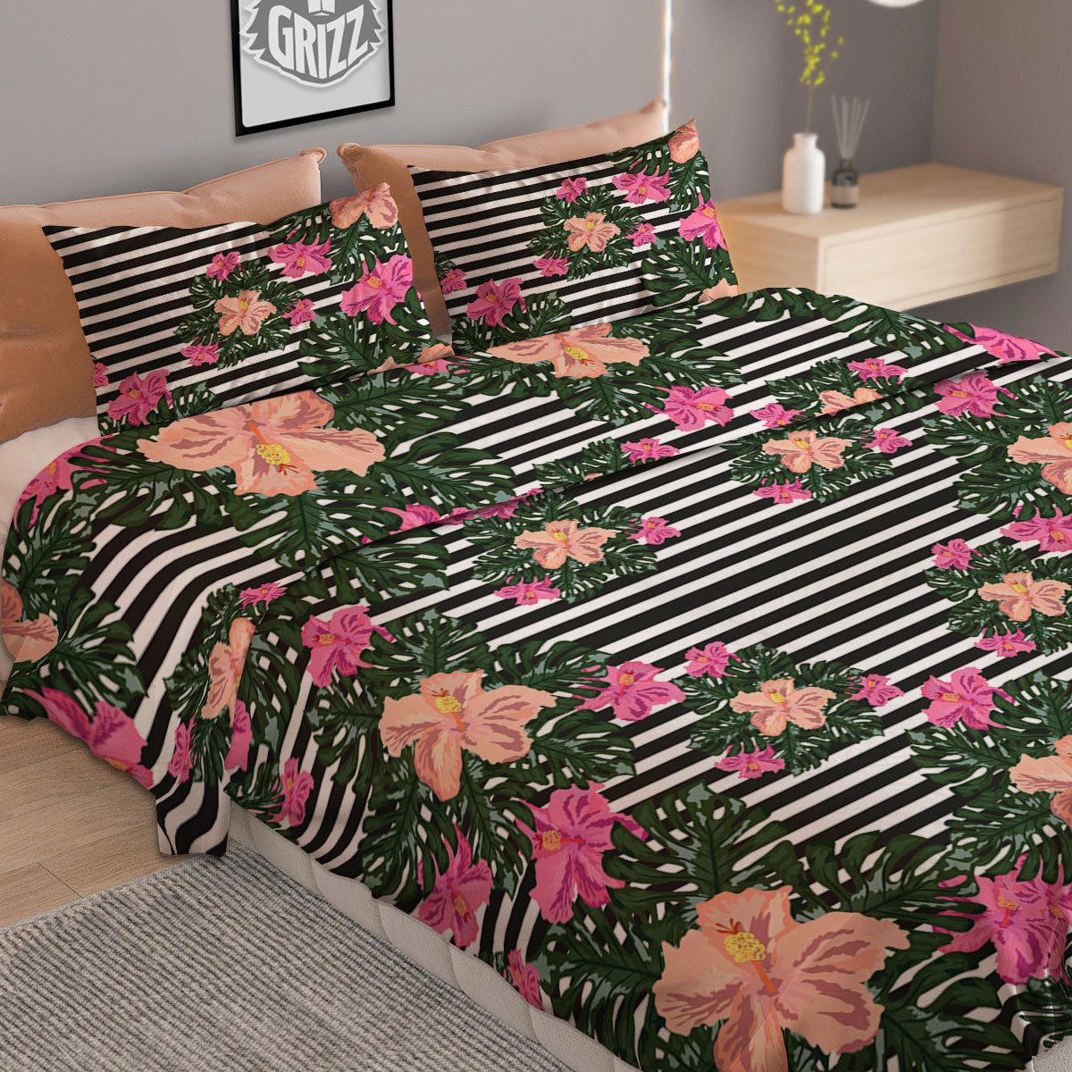 Striped Plumeria Flower Print Pattern Duvet Cover Bedding Set-grizzshop