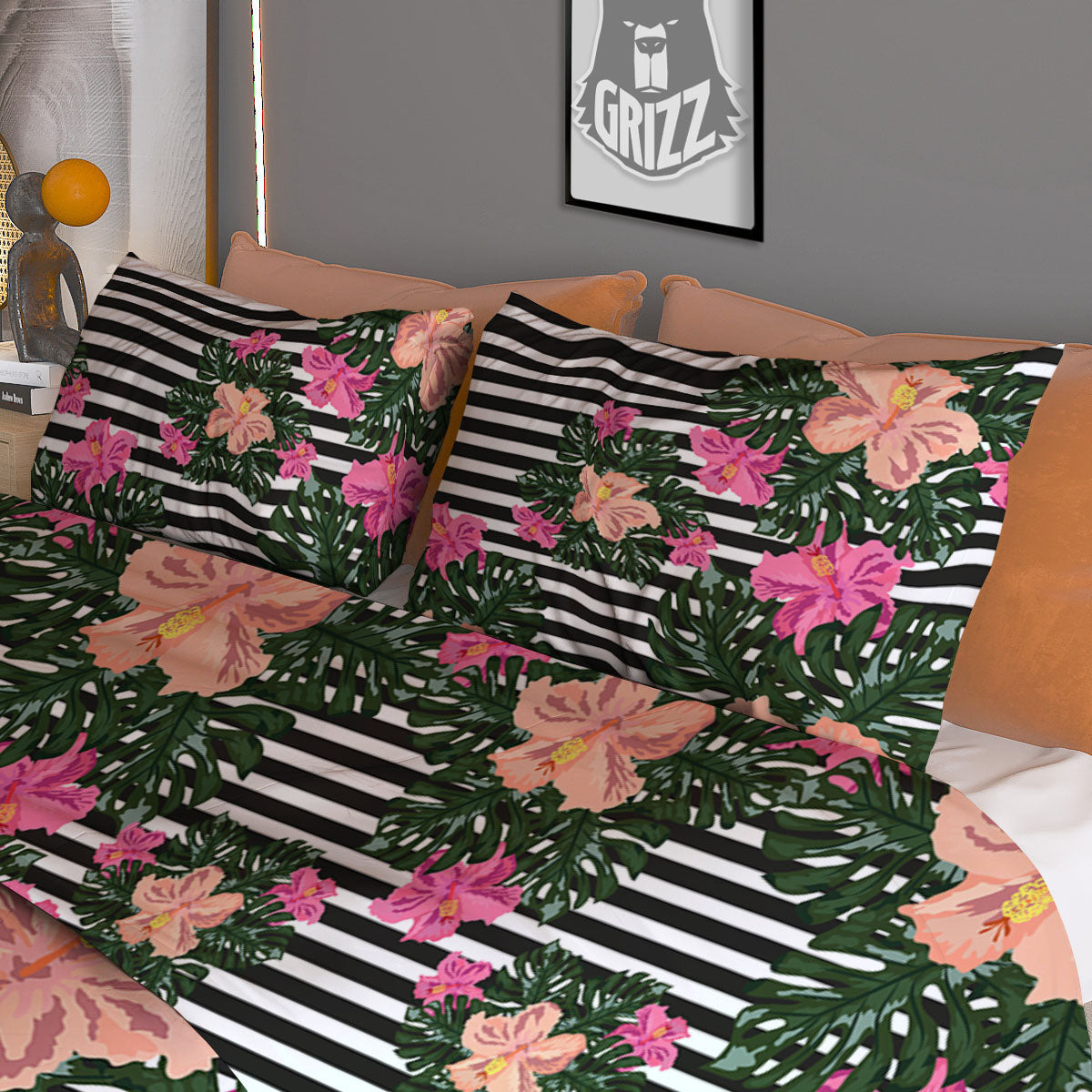 Striped Plumeria Flower Print Pattern Duvet Cover Bedding Set-grizzshop