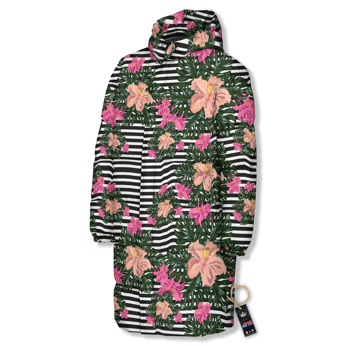 Striped Plumeria Flower Print Pattern Long Down Jacket-grizzshop