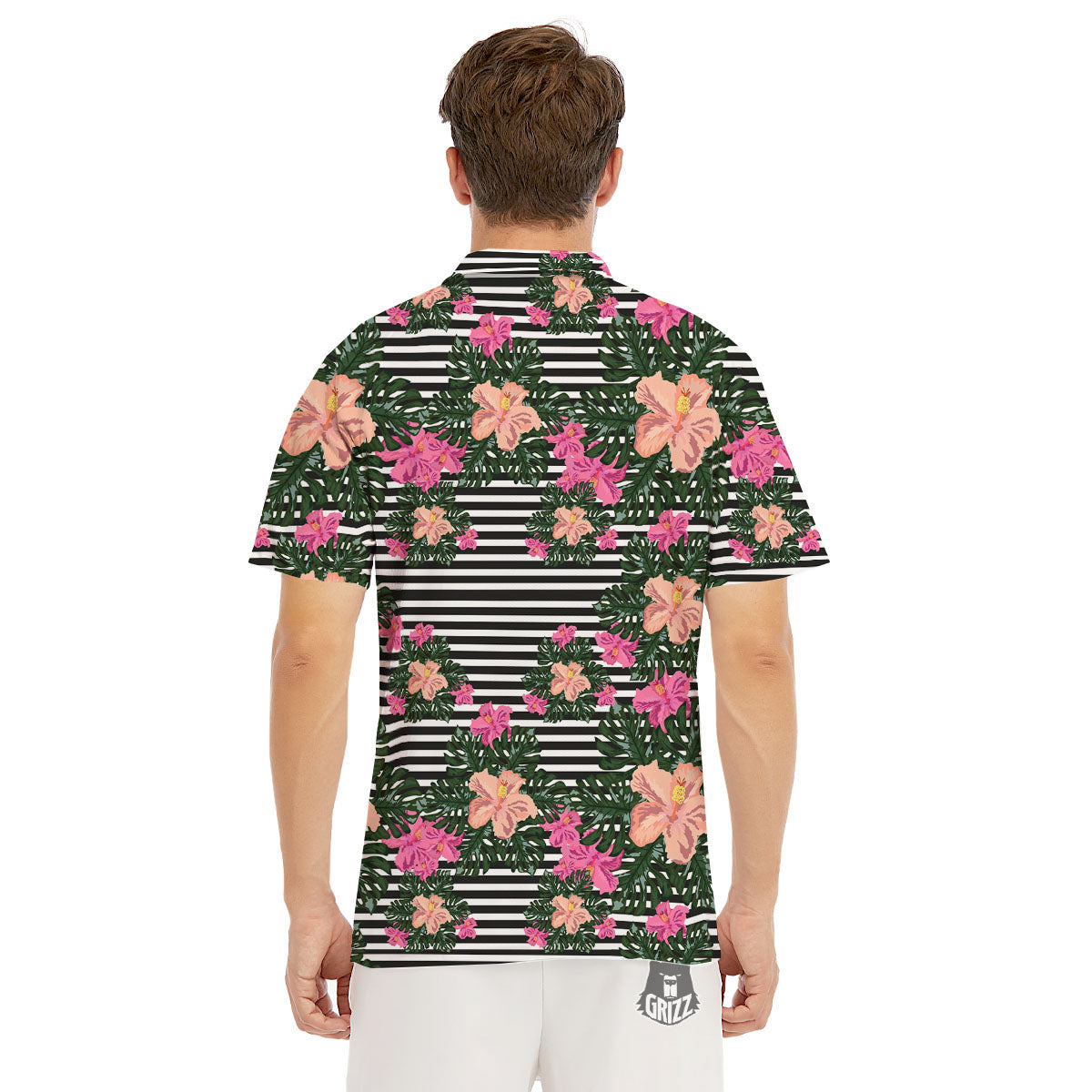 Striped Plumeria Flower Print Pattern Men's Golf Shirts-grizzshop
