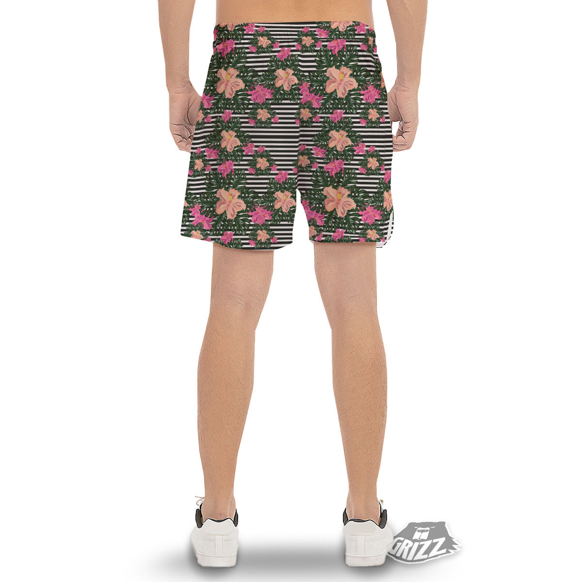Striped Plumeria Flower Print Pattern Men's Gym Shorts-grizzshop