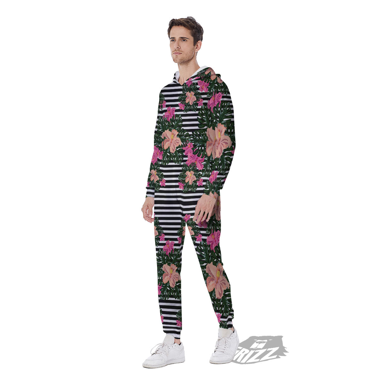 Striped Plumeria Flower Print Pattern Men's Jumpsuit-grizzshop