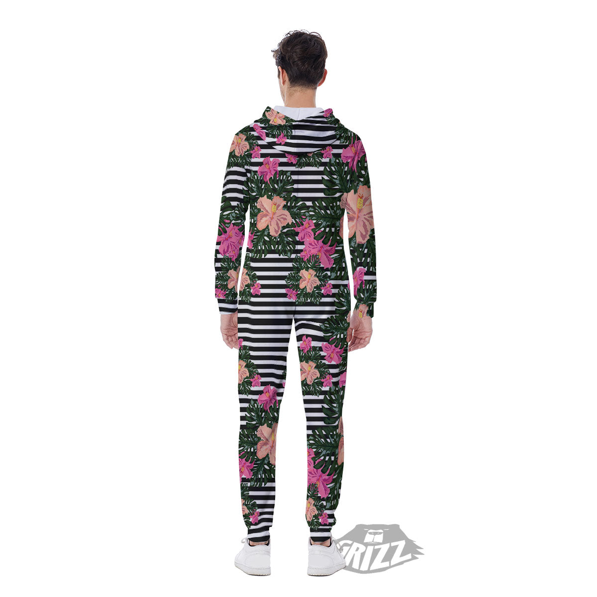 Striped Plumeria Flower Print Pattern Men's Jumpsuit-grizzshop