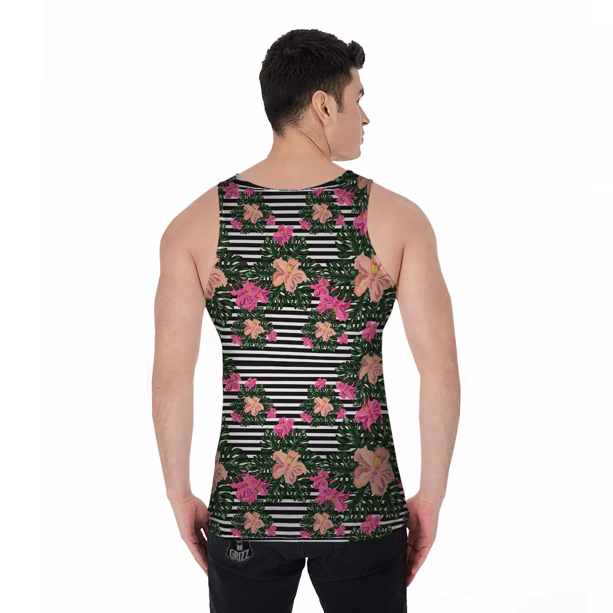 Striped Plumeria Flower Print Pattern Men's Tank Top-grizzshop