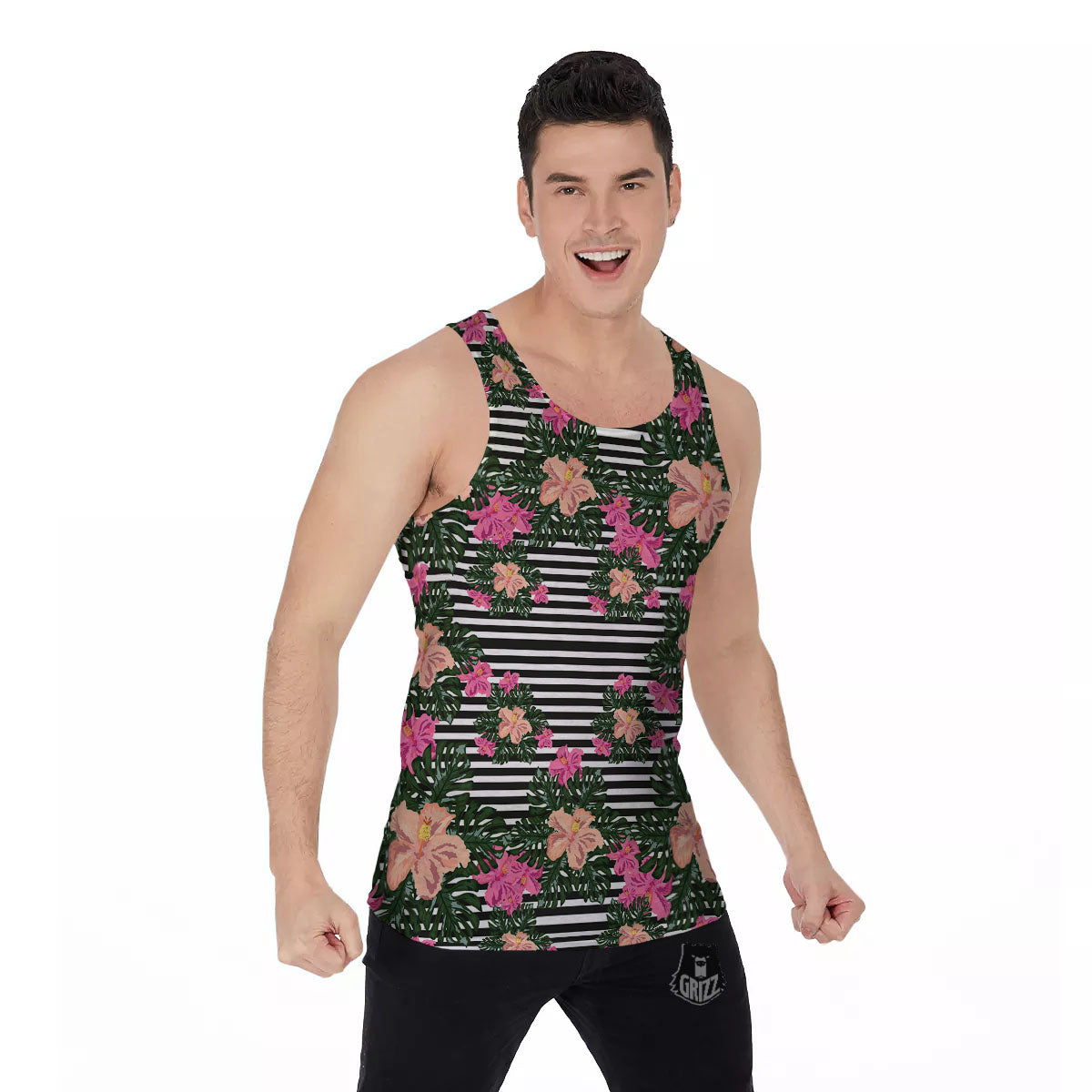 Striped Plumeria Flower Print Pattern Men's Tank Top-grizzshop