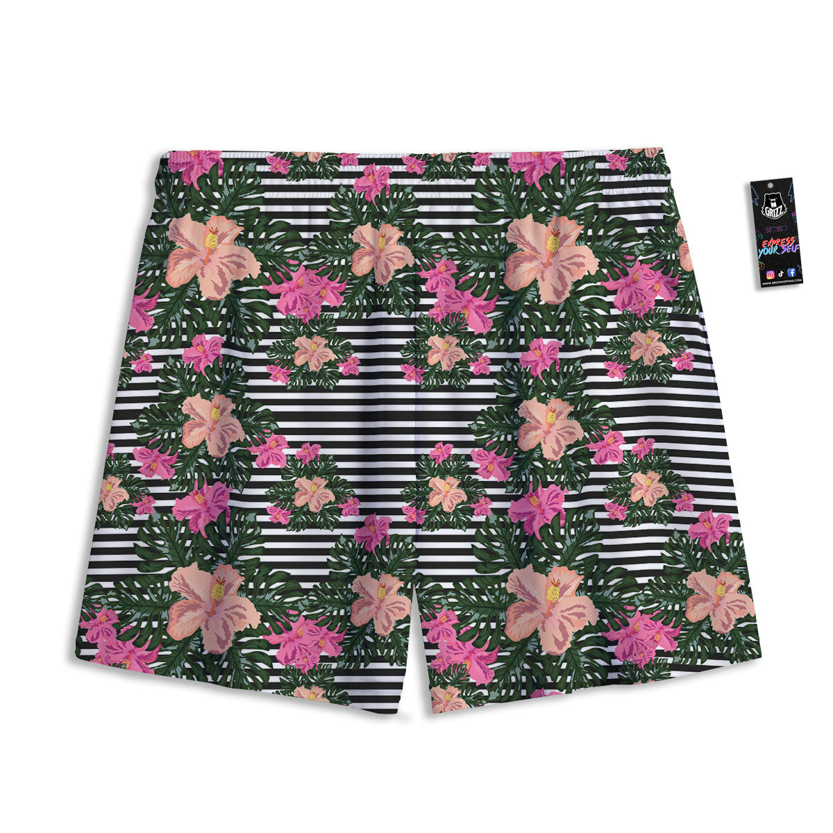 Striped Plumeria Flower Print Pattern Mesh Shorts-grizzshop