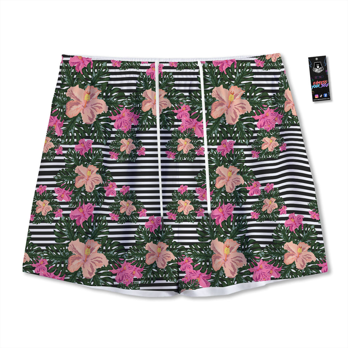 Striped Plumeria Flower Print Pattern Mesh Shorts-grizzshop