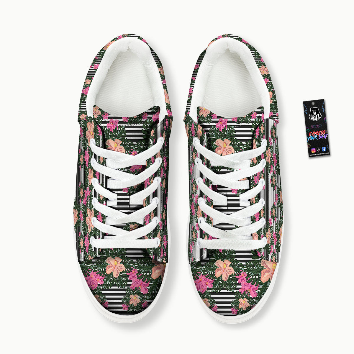 Striped Plumeria Flower Print Pattern Platform Shoes-grizzshop