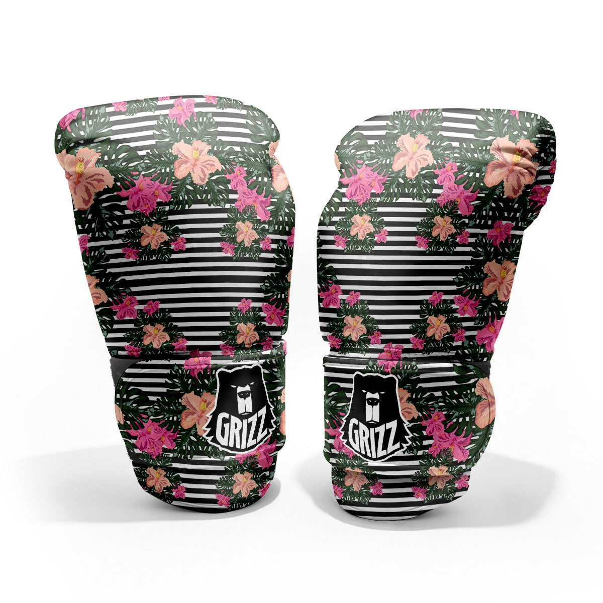 Striped Plumeria Flower Print Pattern Sparring Gloves-grizzshop
