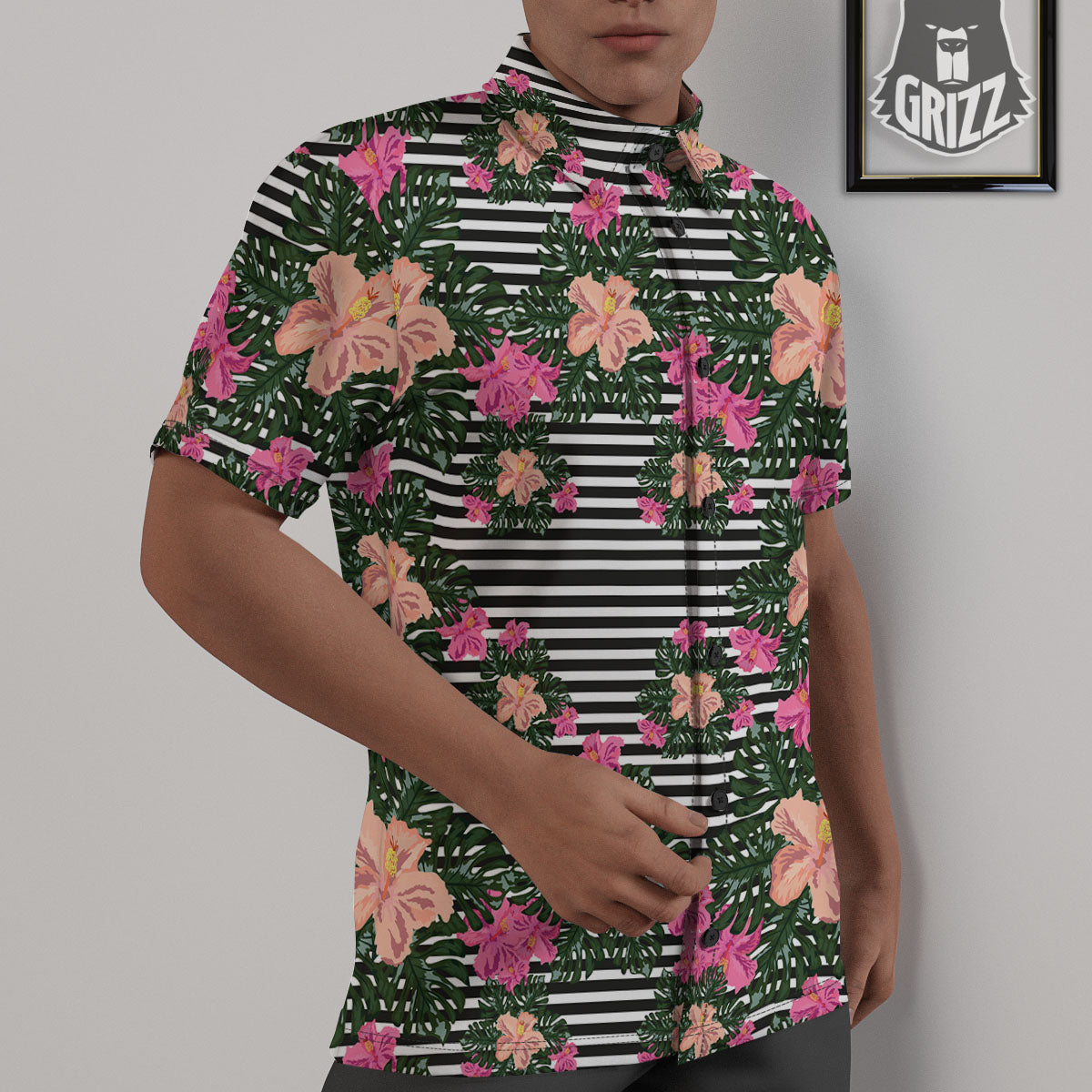 Striped Plumeria Flower Print Pattern Untucked Shirts-grizzshop