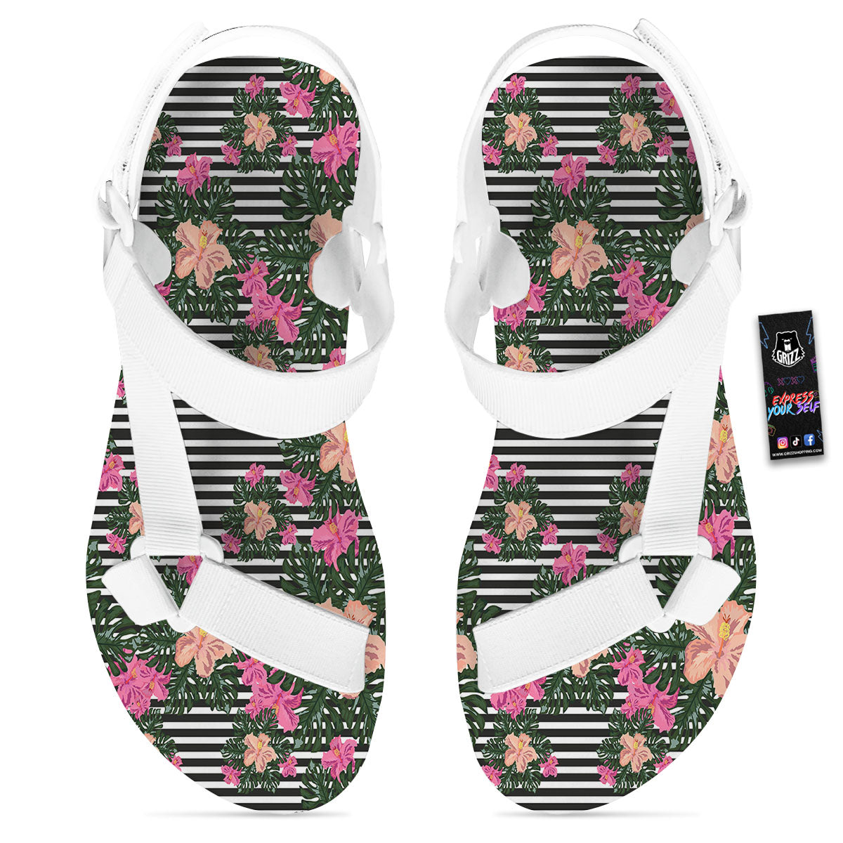 Striped Plumeria Flower Print Pattern White Open Toe Sandals-grizzshop