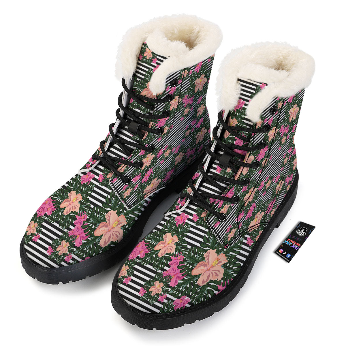 Striped Plumeria Flower Print Pattern Winter Boots-grizzshop