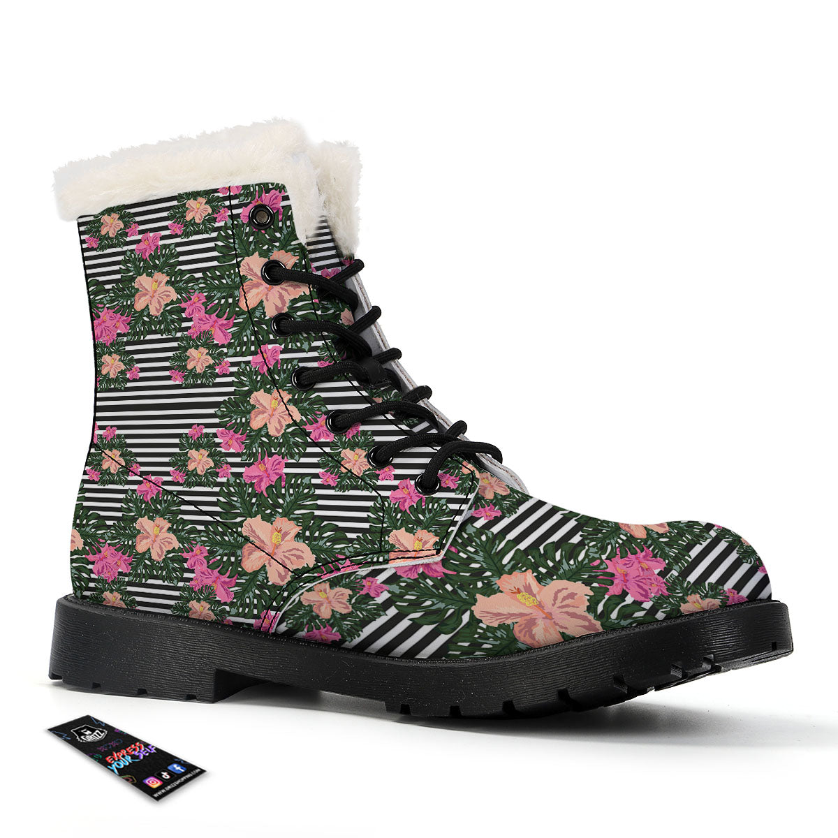 Striped Plumeria Flower Print Pattern Winter Boots-grizzshop
