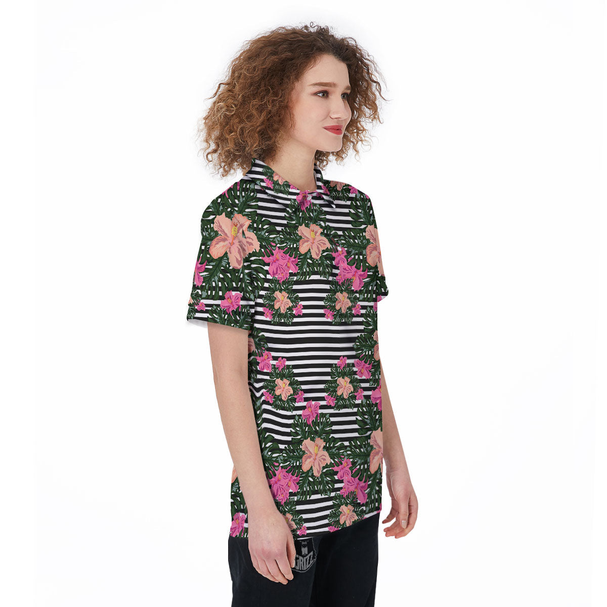 Striped Plumeria Flower Print Pattern Women's Golf Shirts-grizzshop