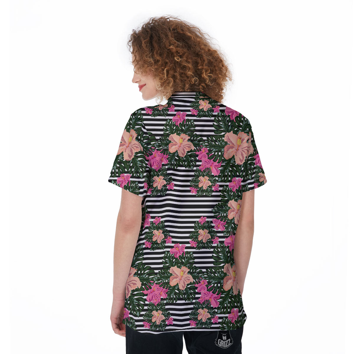 Striped Plumeria Flower Print Pattern Women's Golf Shirts-grizzshop