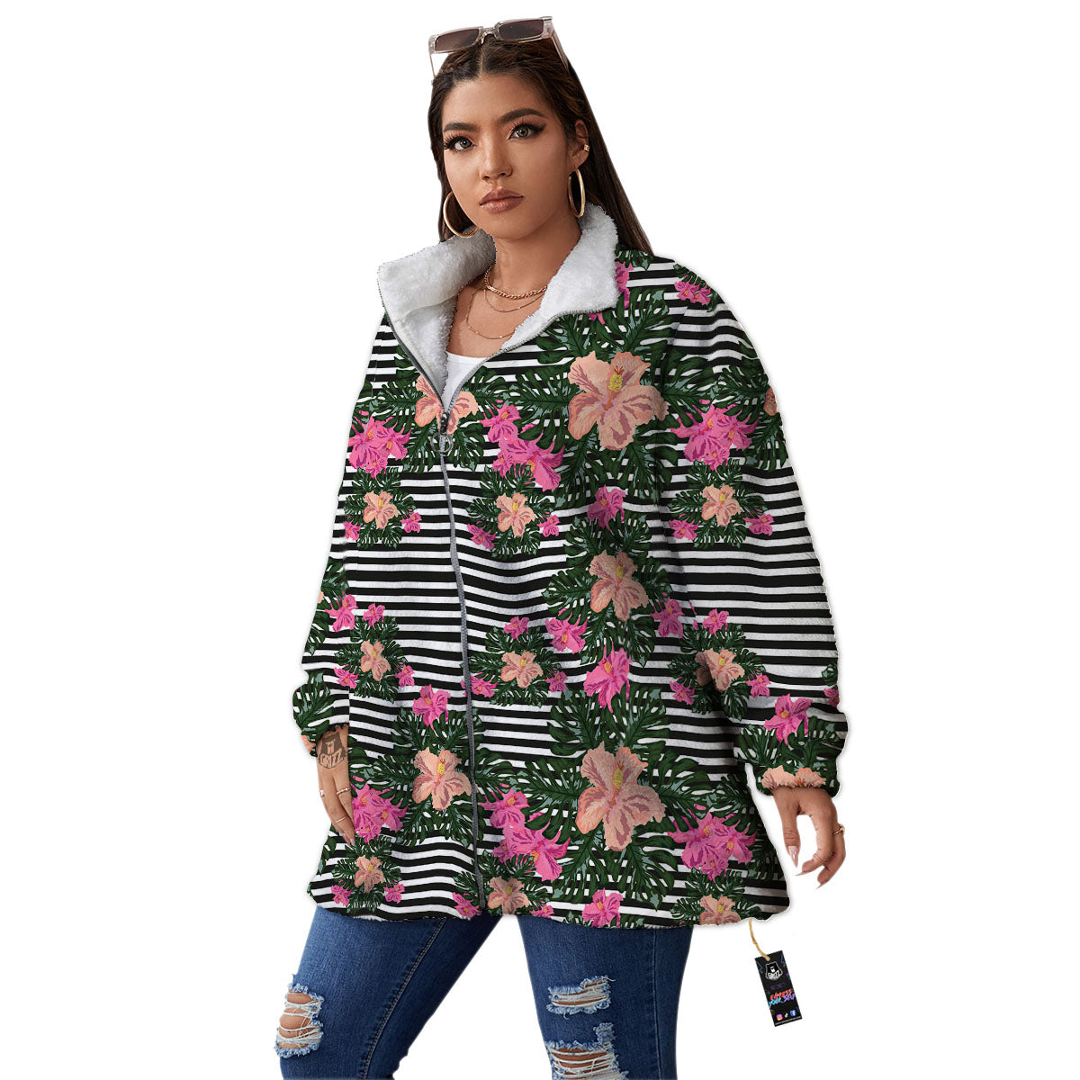 Striped Plumeria Flower Print Pattern Women's Sherpa Jacket-grizzshop