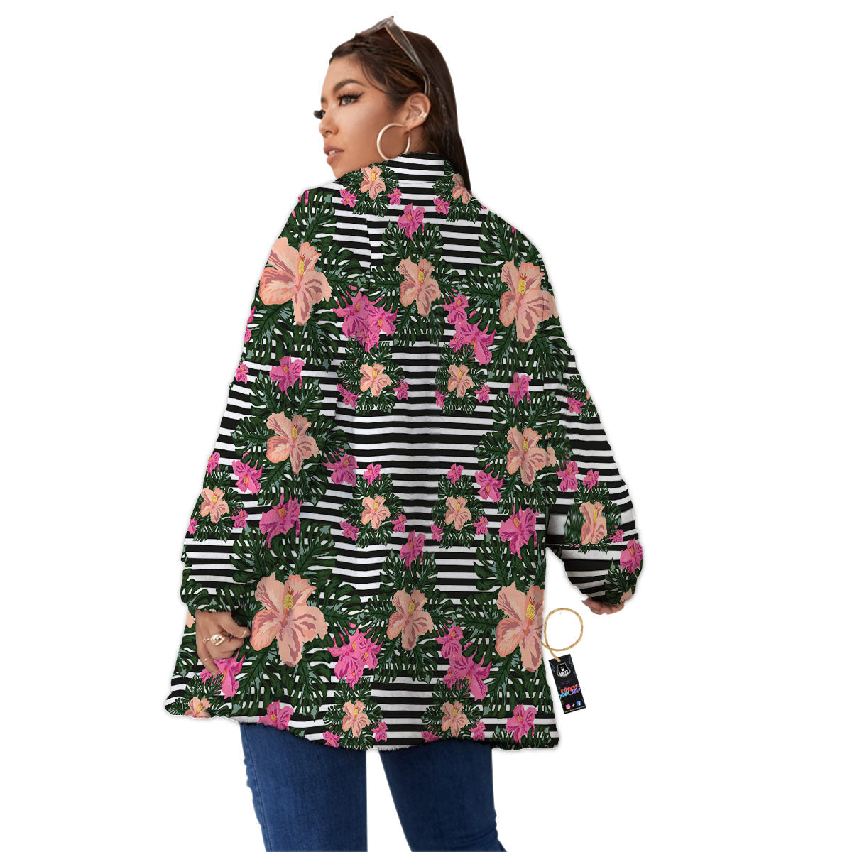 Striped Plumeria Flower Print Pattern Women's Sherpa Jacket-grizzshop