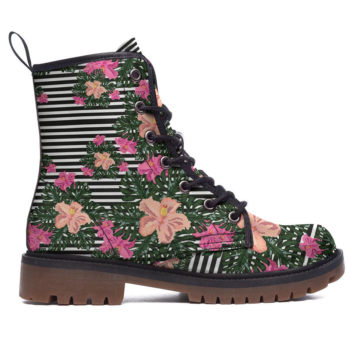 Striped Plumeria Flower Print Pattern Work Boots-grizzshop