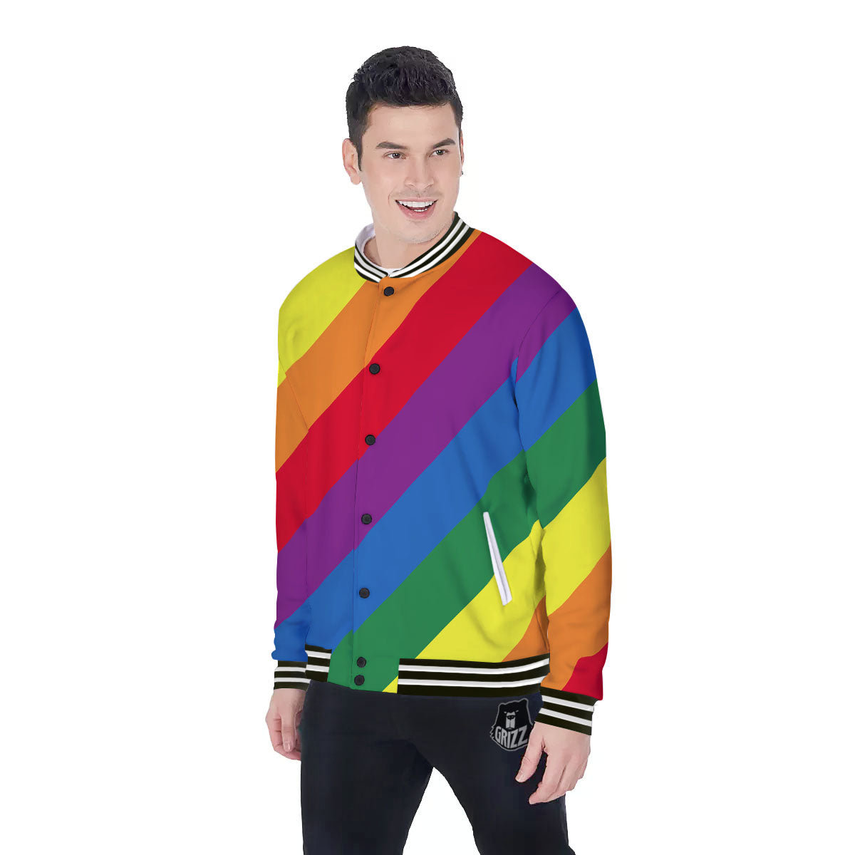 Striped Rainbow Diagonal Print Pattern Baseball Jacket-grizzshop
