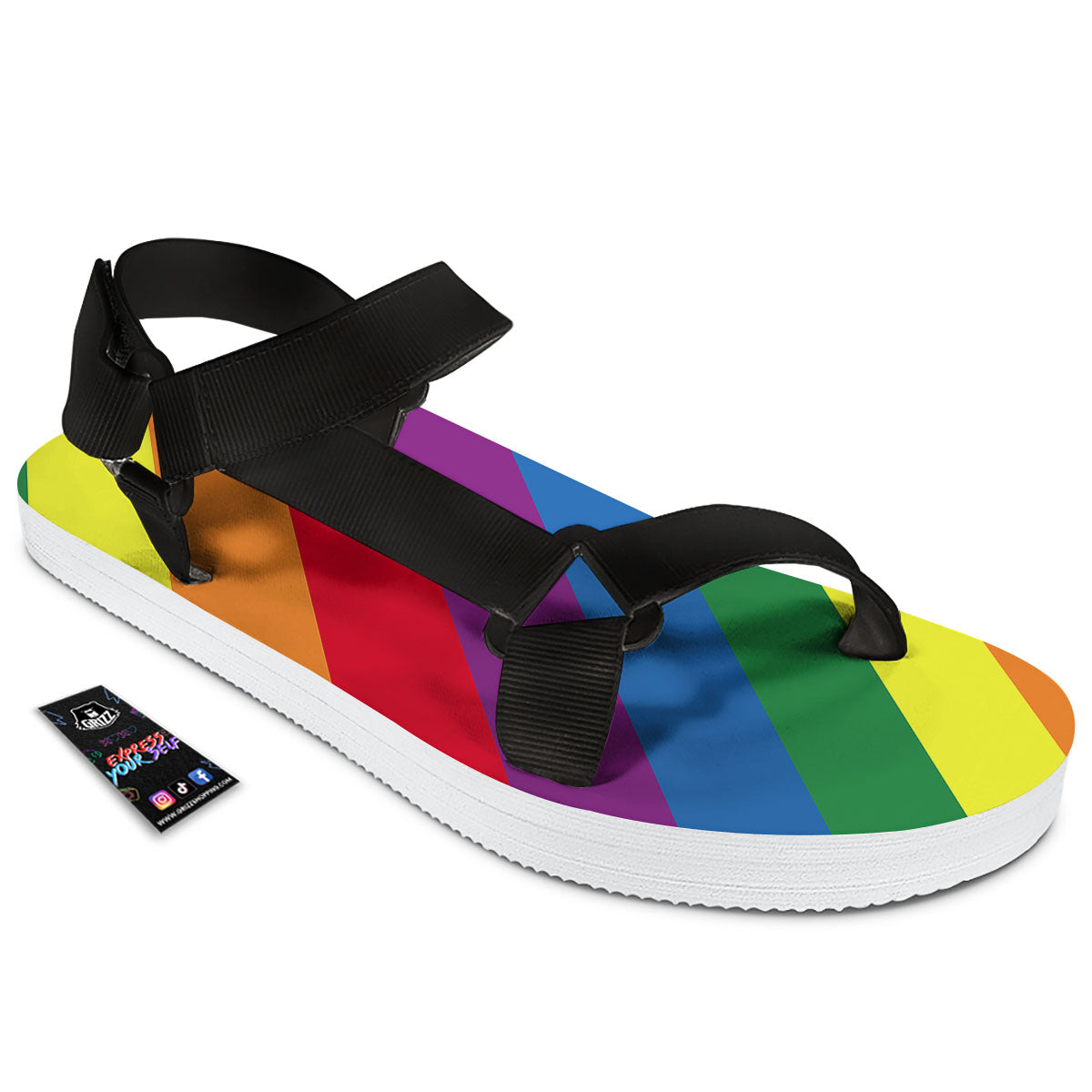 Striped Rainbow Diagonal Print Pattern Black Open Toe Sandals-grizzshop
