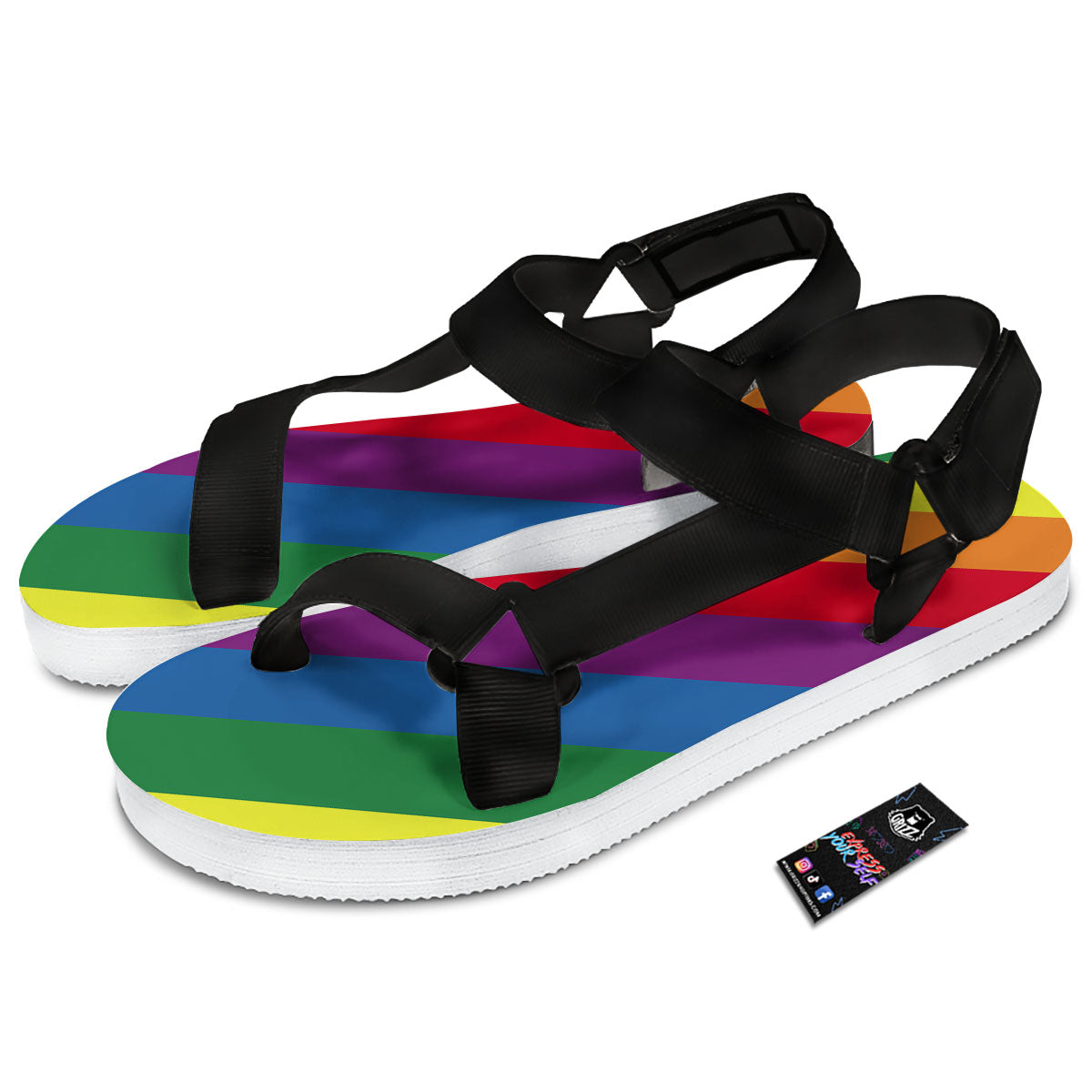Striped Rainbow Diagonal Print Pattern Black Open Toe Sandals-grizzshop