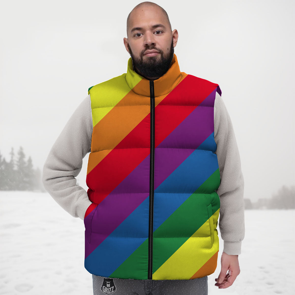 Striped Rainbow Diagonal Print Pattern Down Vest
