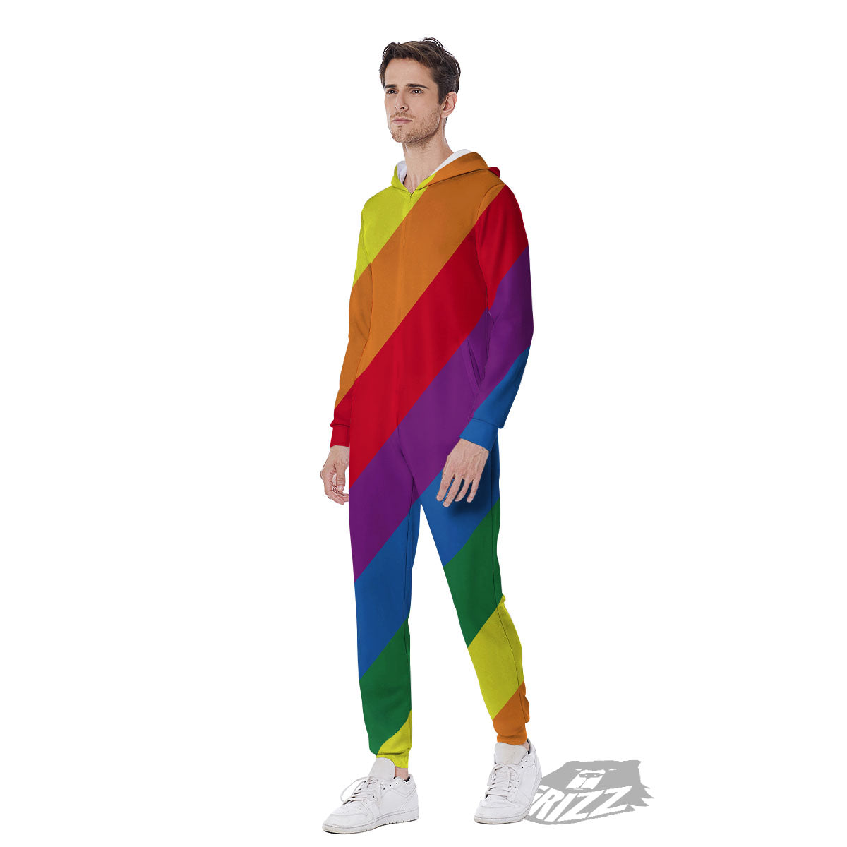 Striped Rainbow Diagonal Print Pattern Men's Jumpsuit-grizzshop