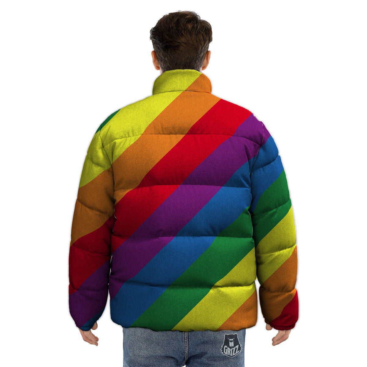 Striped Rainbow Diagonal Print Pattern Puffer Jacket-grizzshop